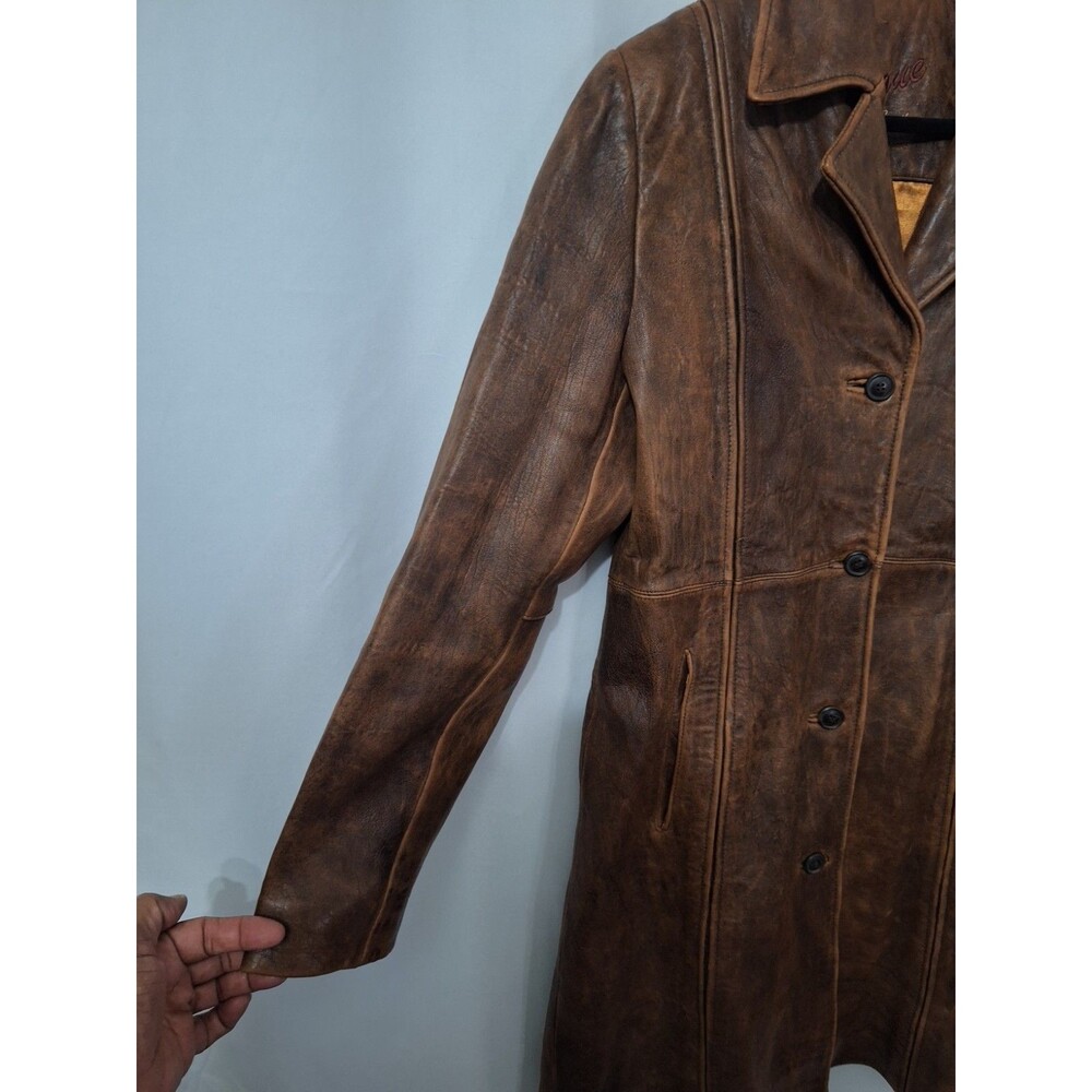 Rogue Leather Womens Genuine Leather Coat Sz M Brown Long Button Up Pockets Y2K - Picture 8 of 15